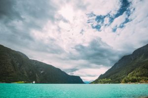 Bargarden Nature Reserve, Norway. Beautiful Fjord, Lake In Summer Day. Norwegian Nature