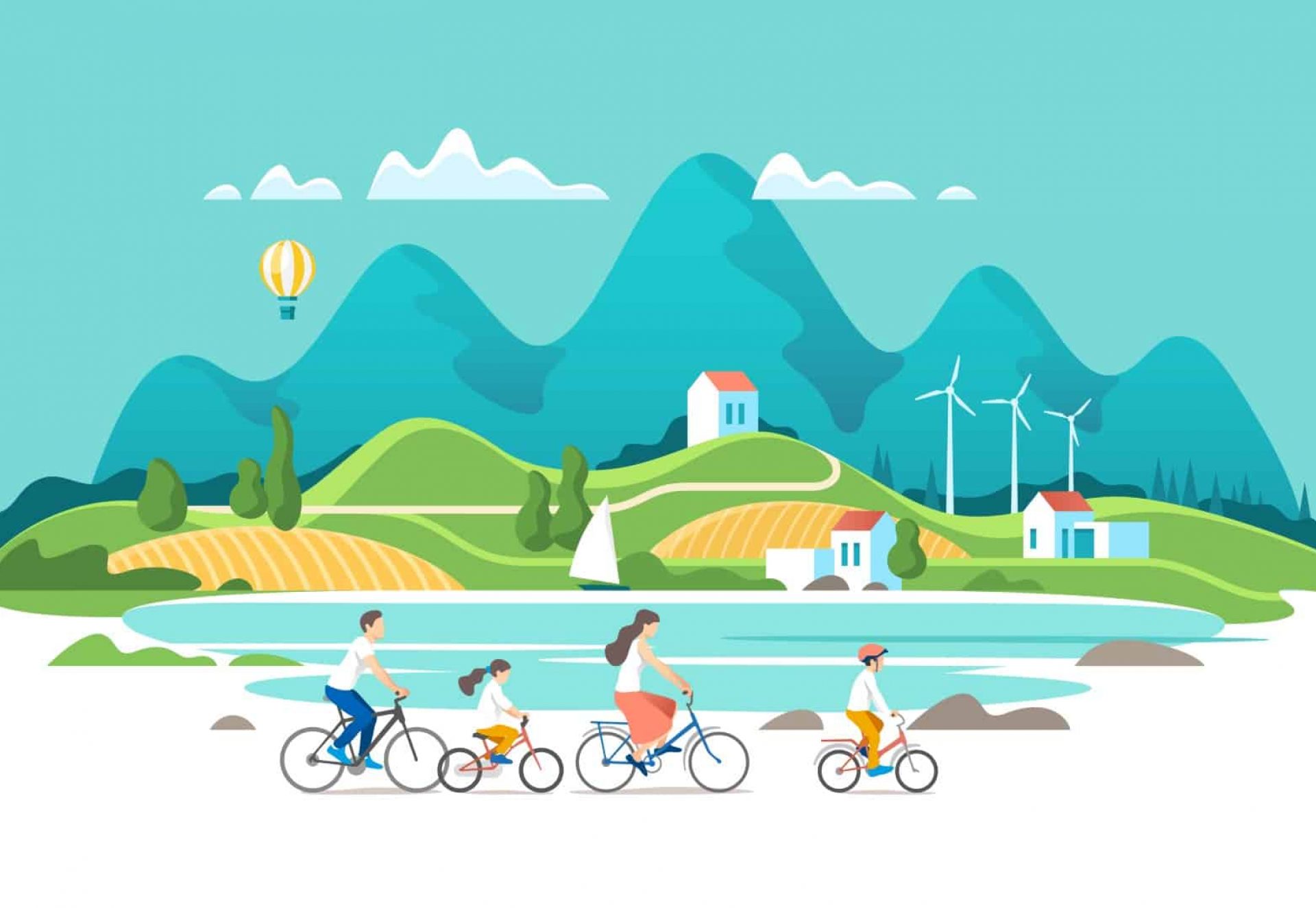 La famille fait du vélo sur fond de paysage naturel La famille fait du vélo sur fond de paysage naturel