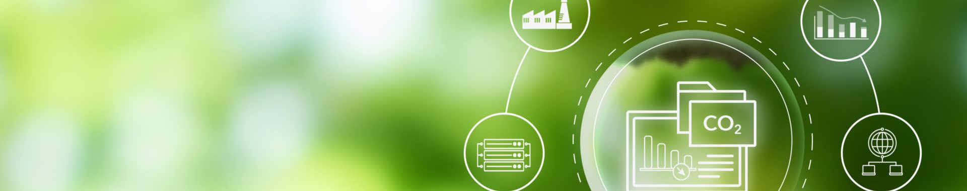 Carbon Data Open Protocol (CDOP) concept. Digital icons on green background representing CO2 tracking, environmental data integration and transparent carbon management through open data protocols.